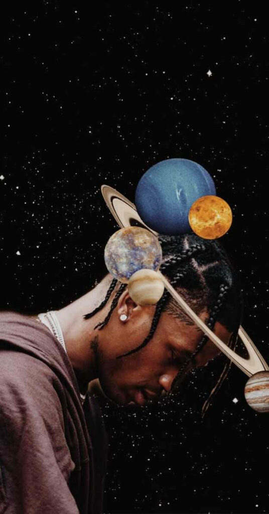 Travis Scott digital art with solar system planets orbiting head Astroworld space wallpaper
