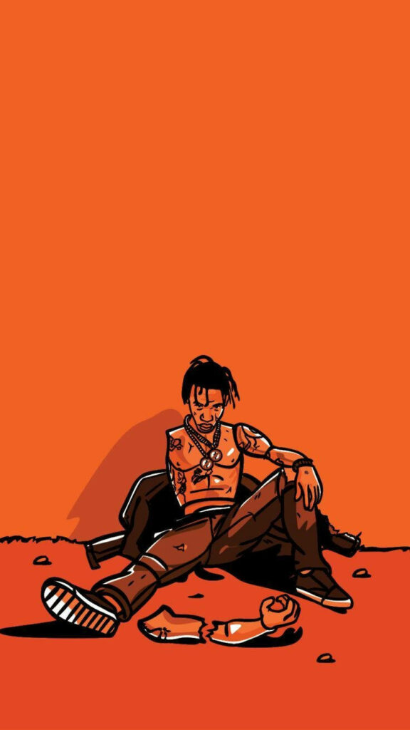 Cartoon Travis Scott sitting vibrant orange background Astroworld wallpaper unique energy