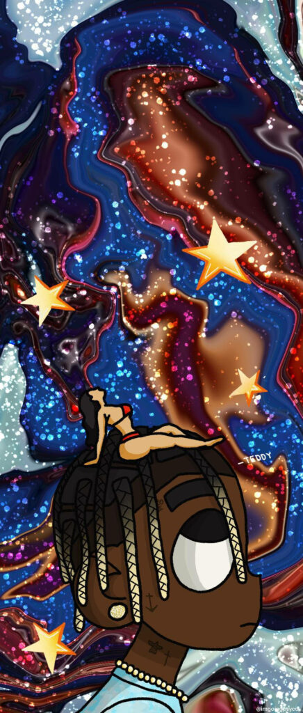 Cartoon Travis Scott iPhone wallpaper with vibrant Astroworld galaxy background and cosmic stars