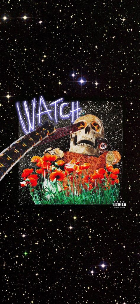Surreal Travis Scott WATCH artwork skull teddy bear gold watch red poppies neon cosmos poster Wallpaper