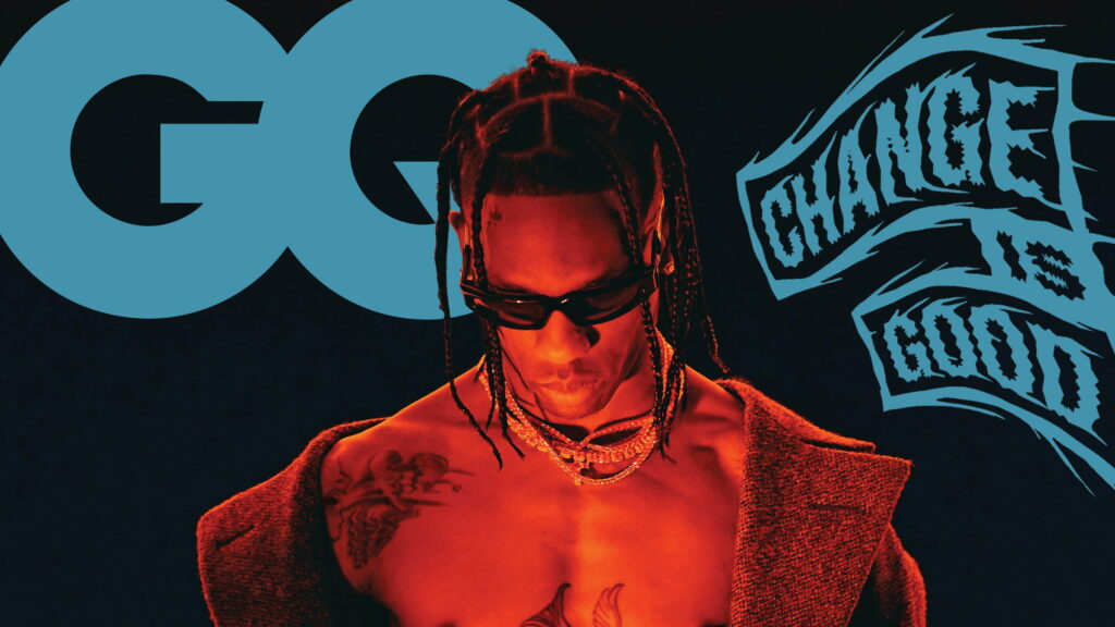 Sculpted Ink: Travis Scott's Iconic Persona Illuminated in Vibrant Shades Wallpaper