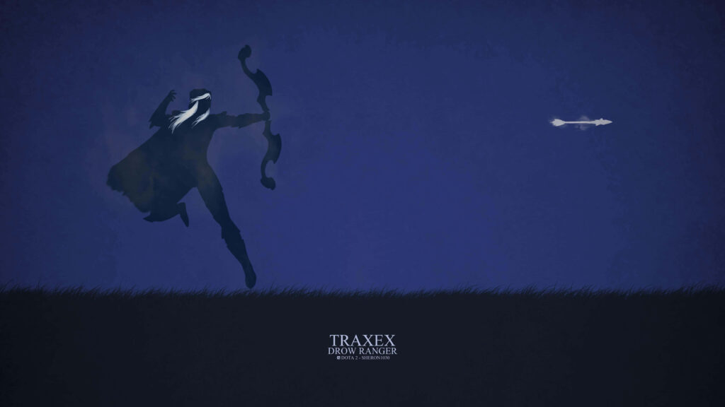 Traxex Drow Ranger silhouette in blue black minimalist wallpaper shooting arrow night fantasy