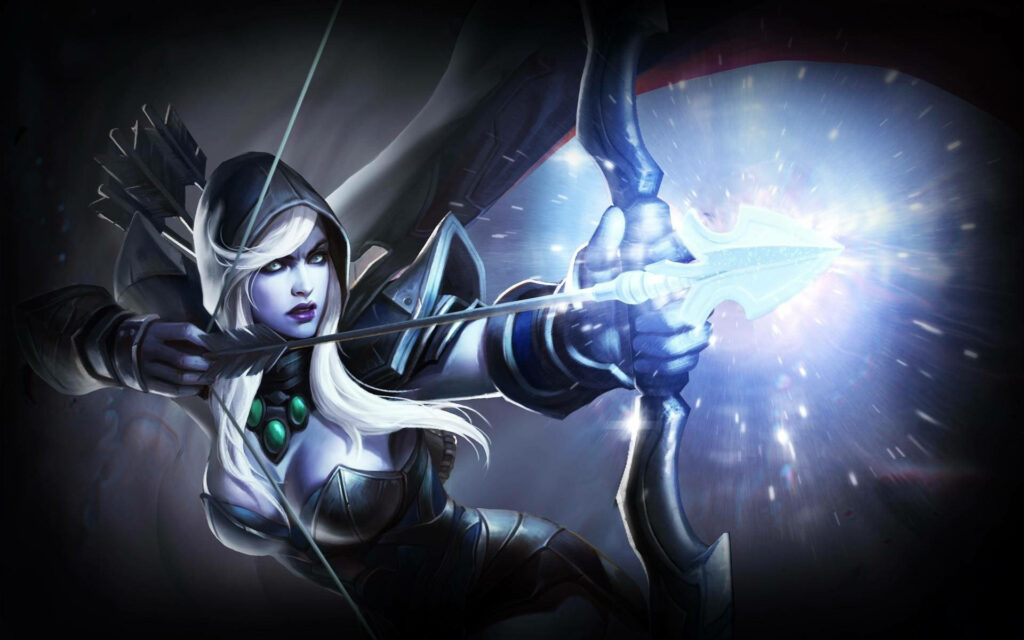 Fierce Traxex, the Drow Ranger, Channelling Divine Power through Her Glowing Arrow Wallpaper