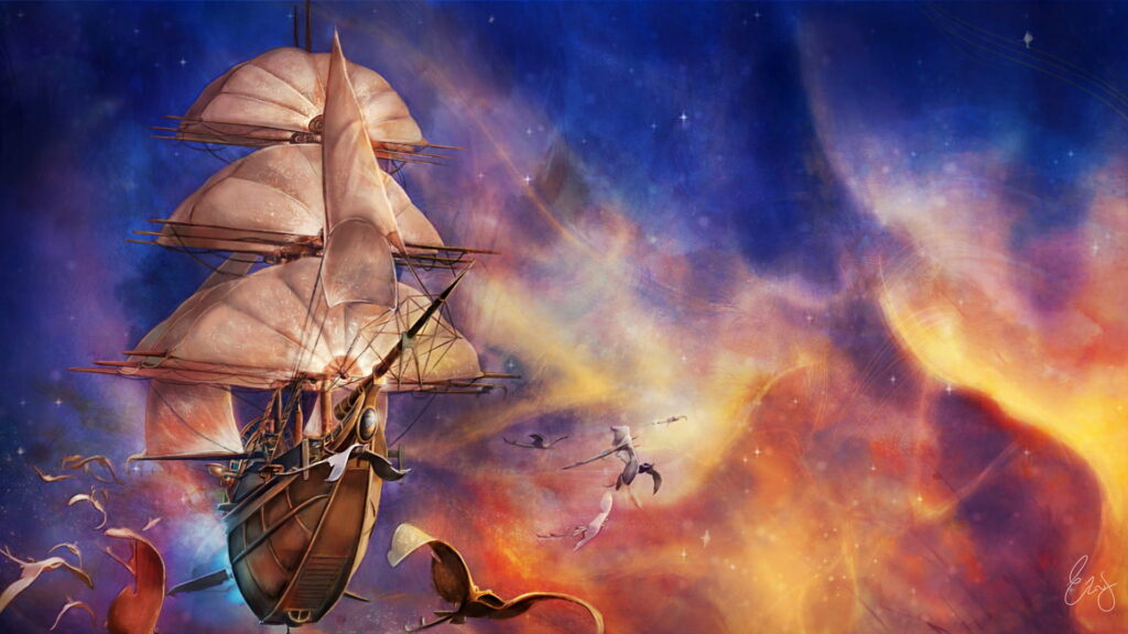 Treasure Planet solar-sail ship sails vibrant glowing nebula with cosmic space creatures wallpaper