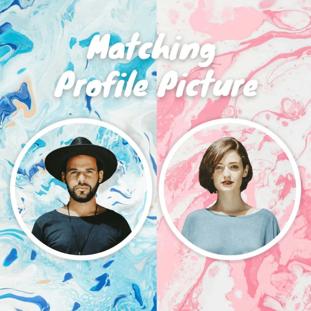 Trendy blue and pink marbled matching profile picture template with man and woman circles Wallpaper