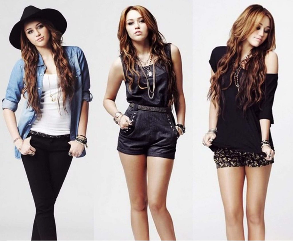 Trendy Miley Cyrus wallpaper collage with fedora denim shirt rompers on white background