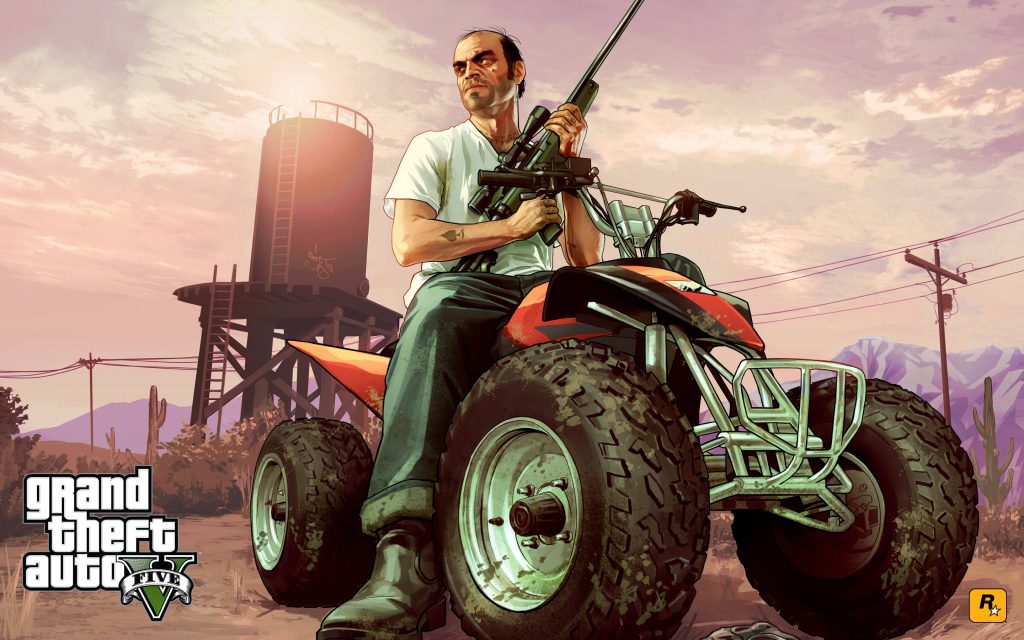 Trevor Philips GTA V 4K wallpaper desert sniper rifle ATV Rockstar Games wild atmosphere