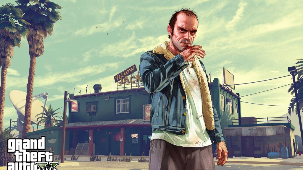 Trevor Philips Grand Theft Auto V wallpaper outside Yellow Jack Inn in sunlit Los Santos desert
