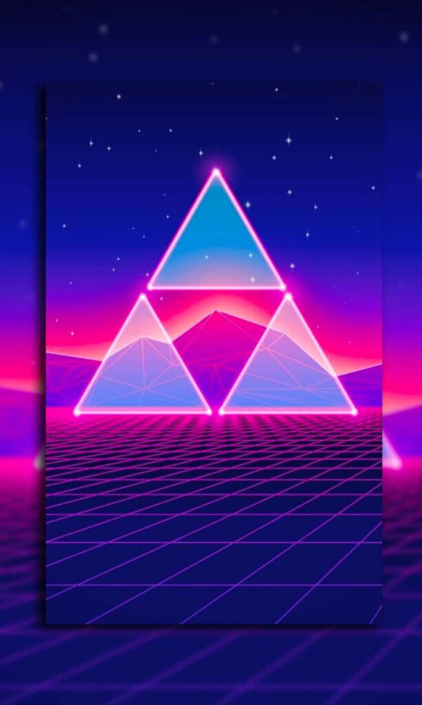 Retro Neon Dreams: Triple Triangles Dance on a Vaporwave Gridline Under a Majestic Starry Night Wallpaper