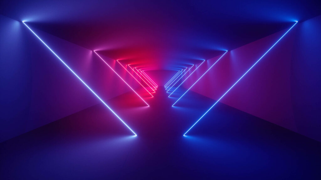 Triangular Neon Pathway Lighting Up the Long Corridor - Mesmerizing 4k Neon Background Image Wallpaper