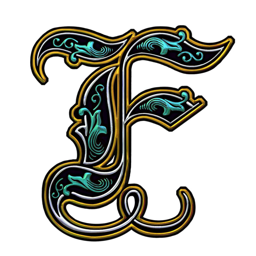 Bold tribal green letter F wallpaper with intricate vine patterns and gold black accents background