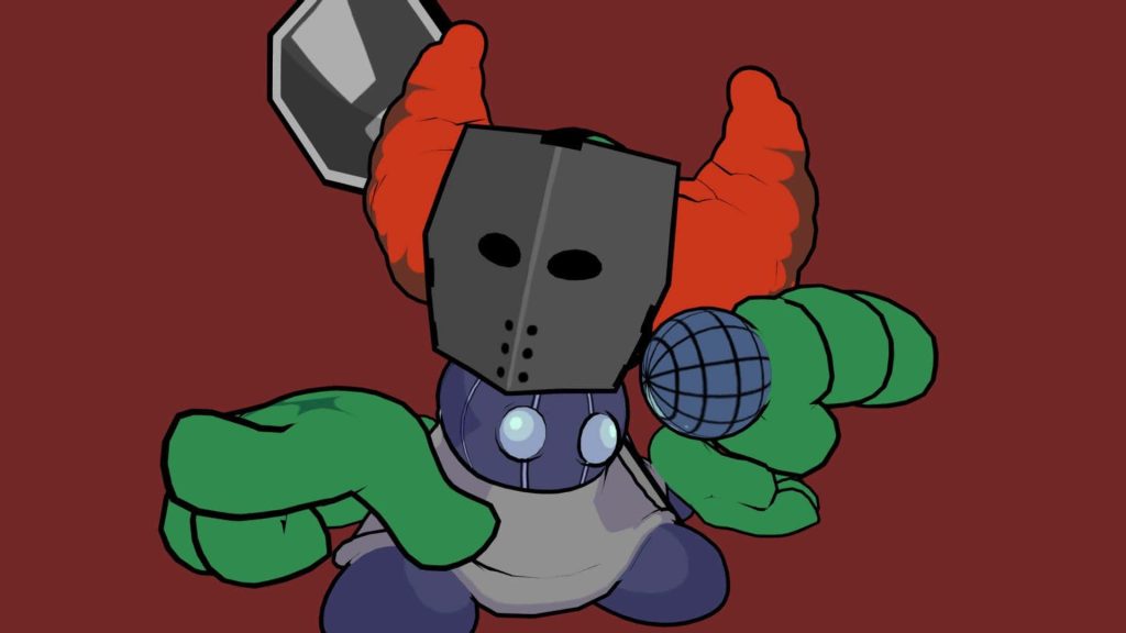 Tricky the Clown from Friday Night Funkin with gray mask and red hair on crimson background Wallpaper