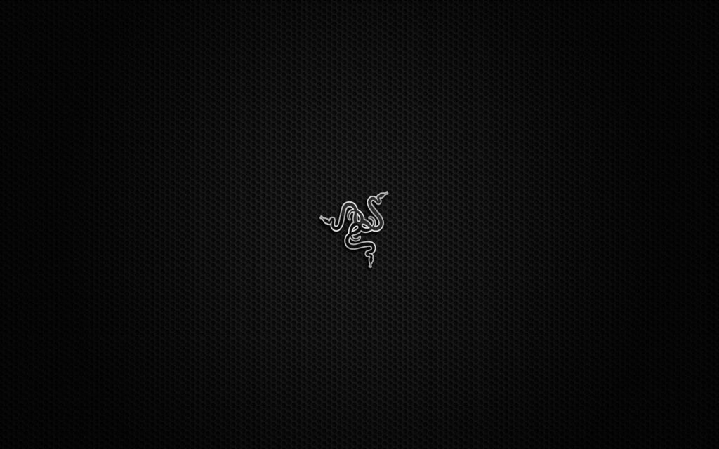 Minimalist Razer triple-headed snake logo with white outlines on dark hexagonal honeycomb background Wallpaper