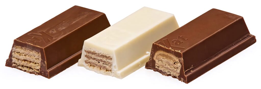 Three Kit Kat bars dark white and milk chocolate with visible wafer layers high-resolution wallpaper