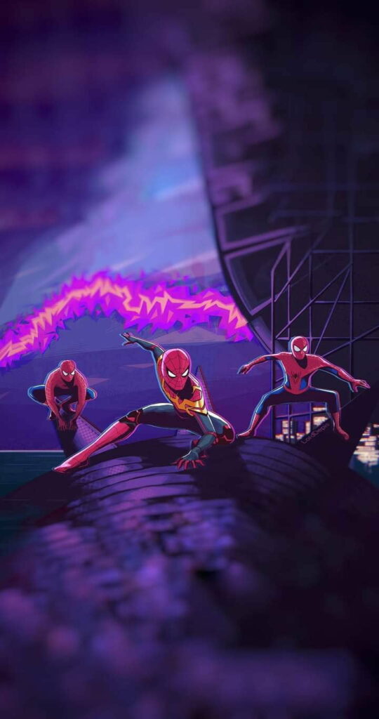 HD phone wallpaper of three dynamic Spiderman in neon cityscape, bold heroic action poses