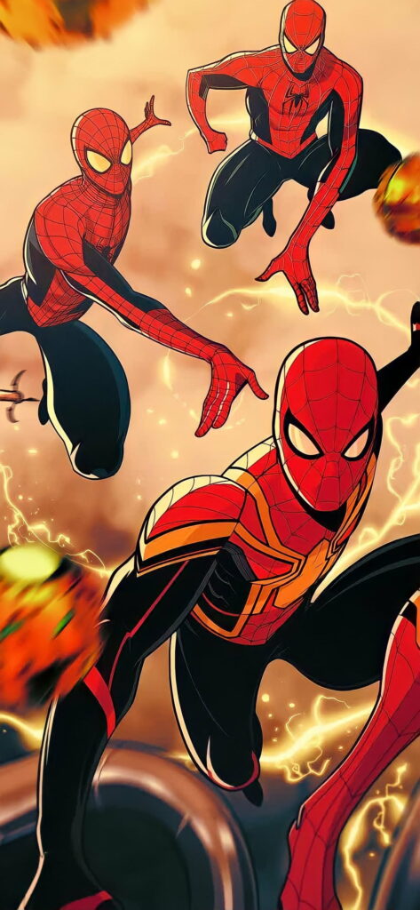 Vibrant Spiderman HD wallpaper with three action poses swinging on glowing intense background