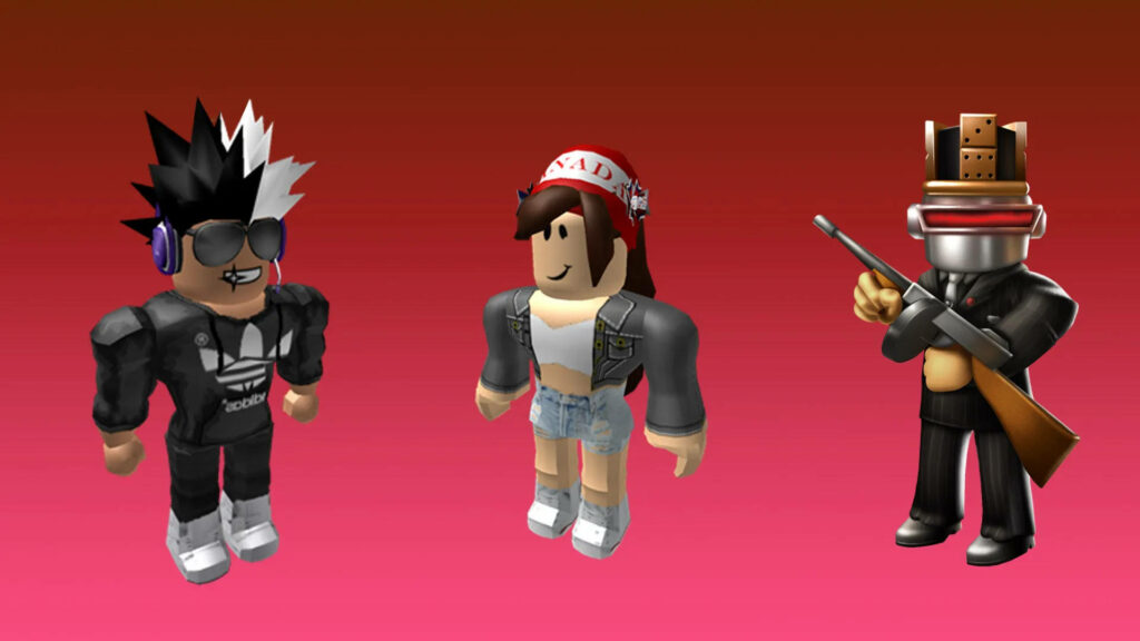 Triad of Edgy Roblox Avatars Strike a Bold Pose Against Vibrant Red Gradient Wallpaper