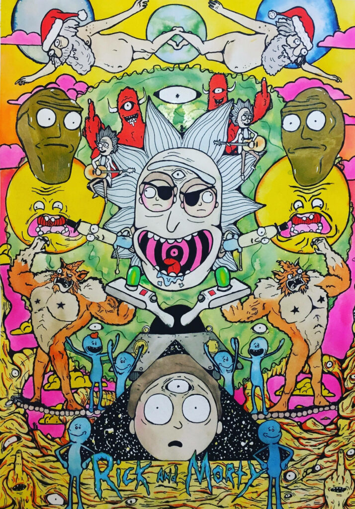 Psychedelic Reflections: Mind-Bending Rick and Morty Adventure in Mirrored Dimensions Wallpaper