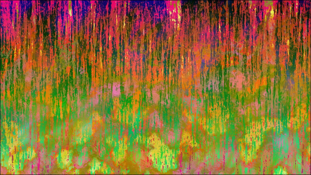 Trippy abstract QHD wallpaper with melting green red yellow orange streaks and deep blue accents