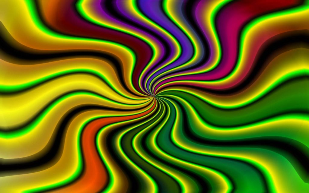 Psychedelic hippie wavy lines vortex wallpaper with vibrant yellow green purple and orange swirls