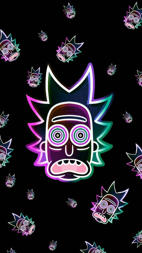Dark trippy Rick Sanchez wallpaper neon portrait hypnotic spiral eyes psychedelic Rick and Morty background
