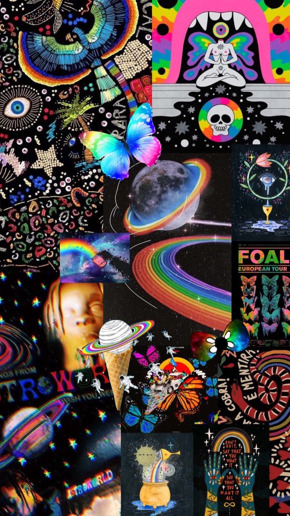Trippy vibrant wallpaper with Travis Scott portrait neon planets butterflies meditating figures space motifs