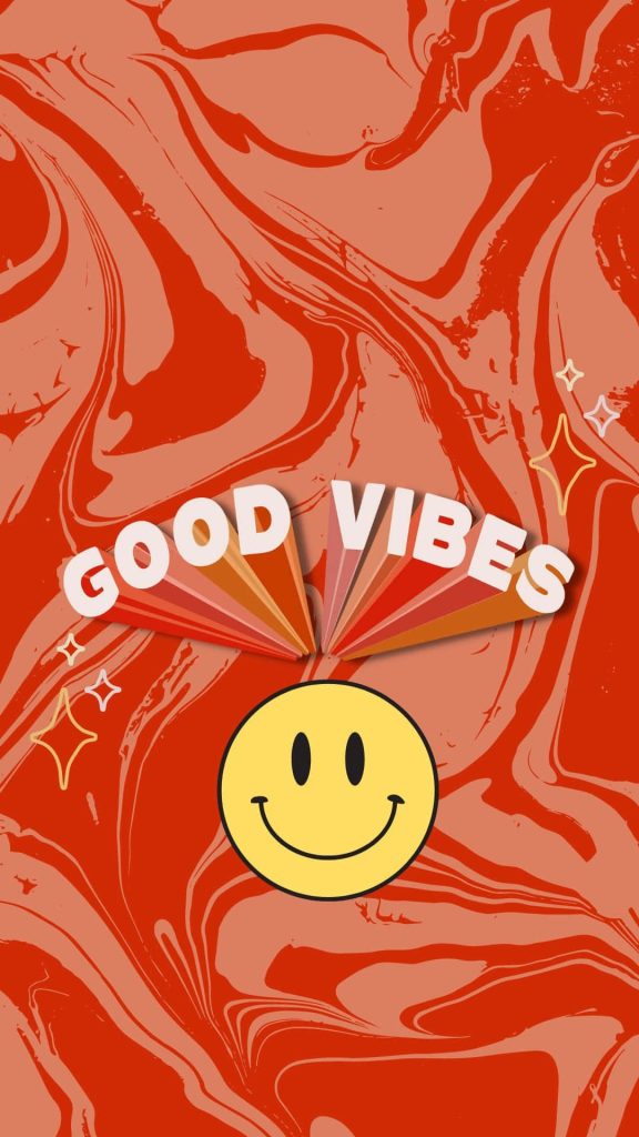 Retro Good Vibes wallpaper with yellow smiley face and vibrant red orange marble swirl background
