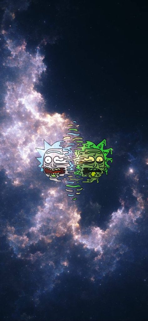 Psychedelic Rick Sanchez iPhone wallpaper with cosmic nebula and vibrant green dualism design