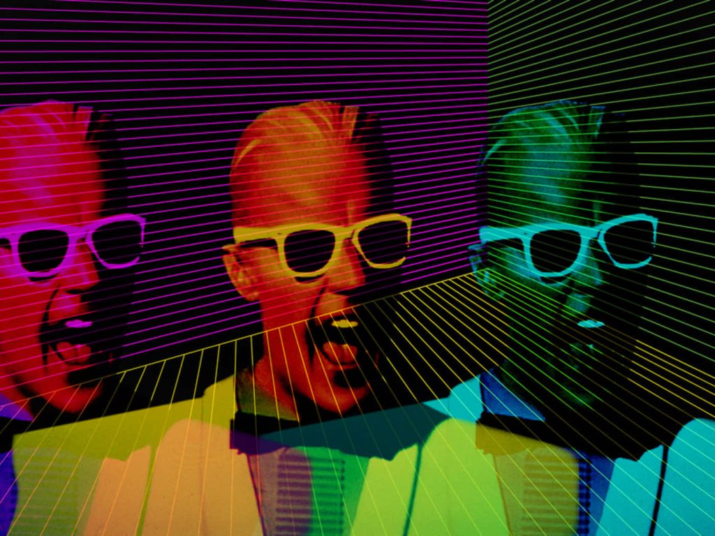 Trippy synthwave wallpaper neon triptych man sunglasses formal attire vibrant retro grid lines