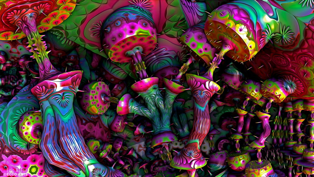 Trippy Wonderland: A Colorful Mushroom Paradise - HD Wallpaper Background Photo