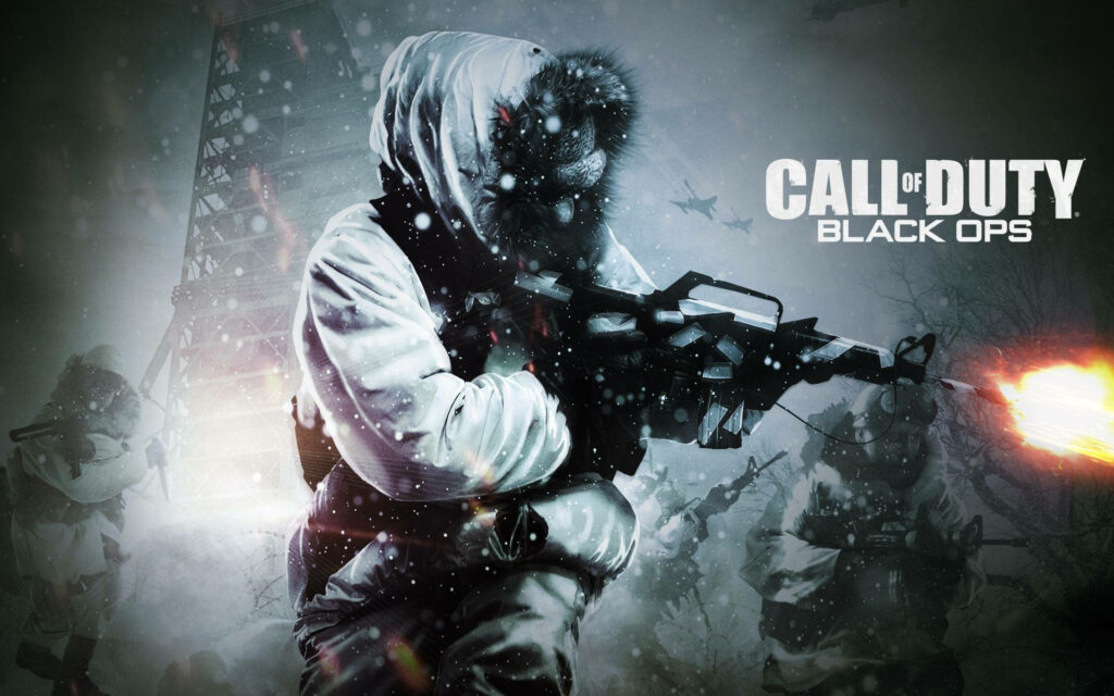 Call of Duty: Black Ops Soldier in Snow Combat with Weapon, Muzzle Flash, Logo - Intense Game Wallpaper