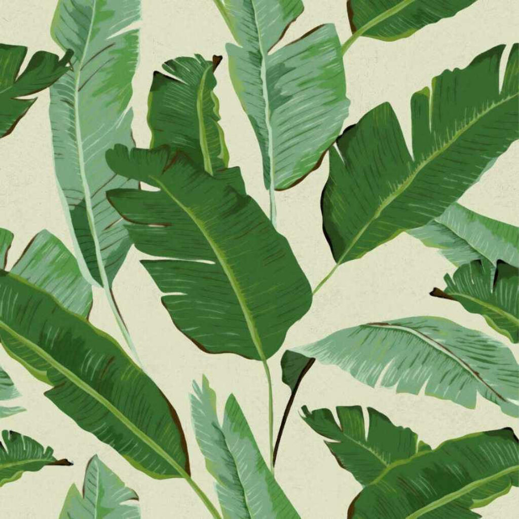 Vibrant tropical banana leaf wallpaper in shades of green on light background for fresh decor