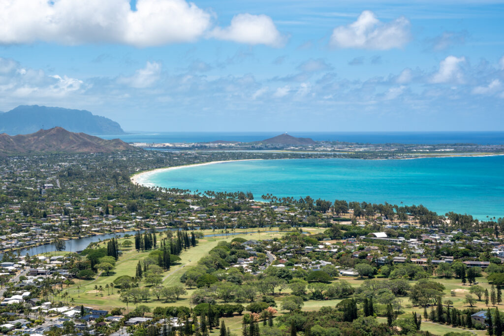 Aerial view of tropical bay with turquoise sea lush greenery and coastline houses wallpaper background