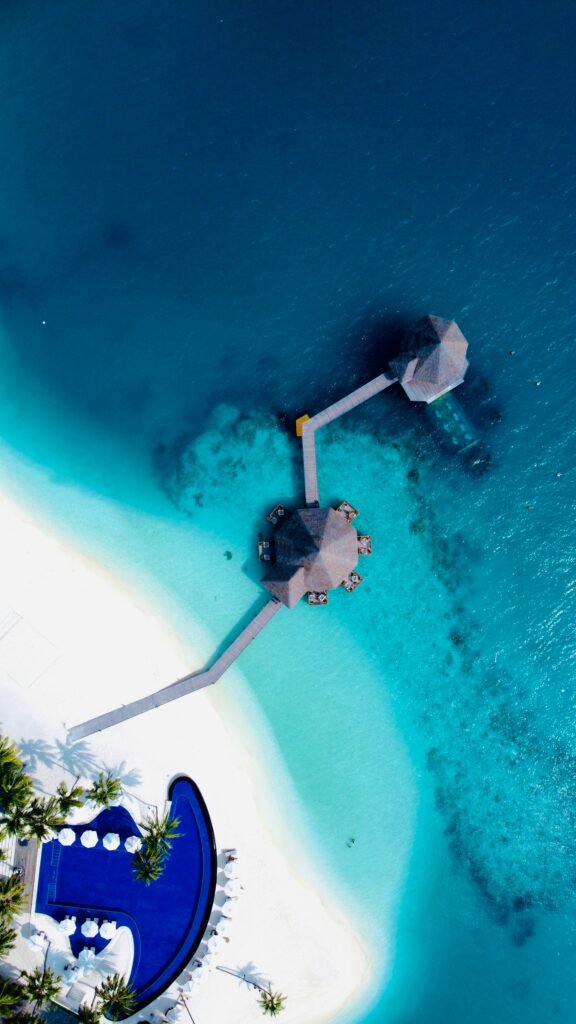 Aerial view of tropical beach with turquoise water white sand overwater bungalows and palm trees Wallpaper