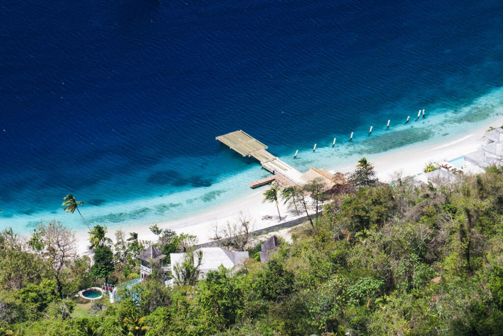Tropical Beach Aerial View: Pier, Turquoise Waters & Lush Greenery Wallpaper