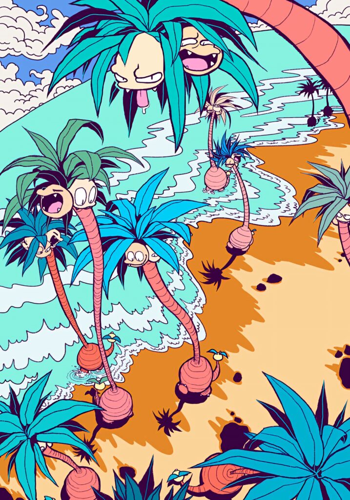 Cartoon Exeggutor characters on a vibrant tropical beach with palms and ocean waves wallpaper