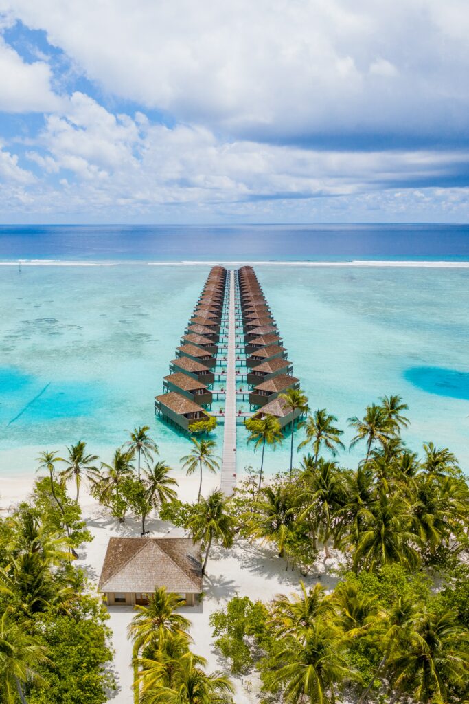 Tropical beach wallpaper with turquoise waters palm trees and overwater villas for relaxation