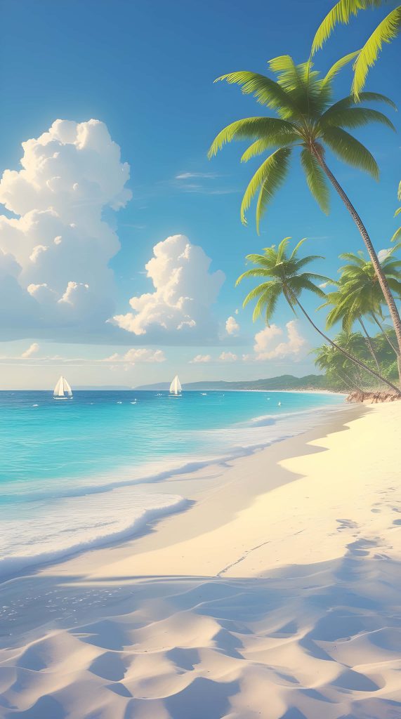 Tropical beach wallpaper with white sand turquoise waters palm trees and sailboats on horizon