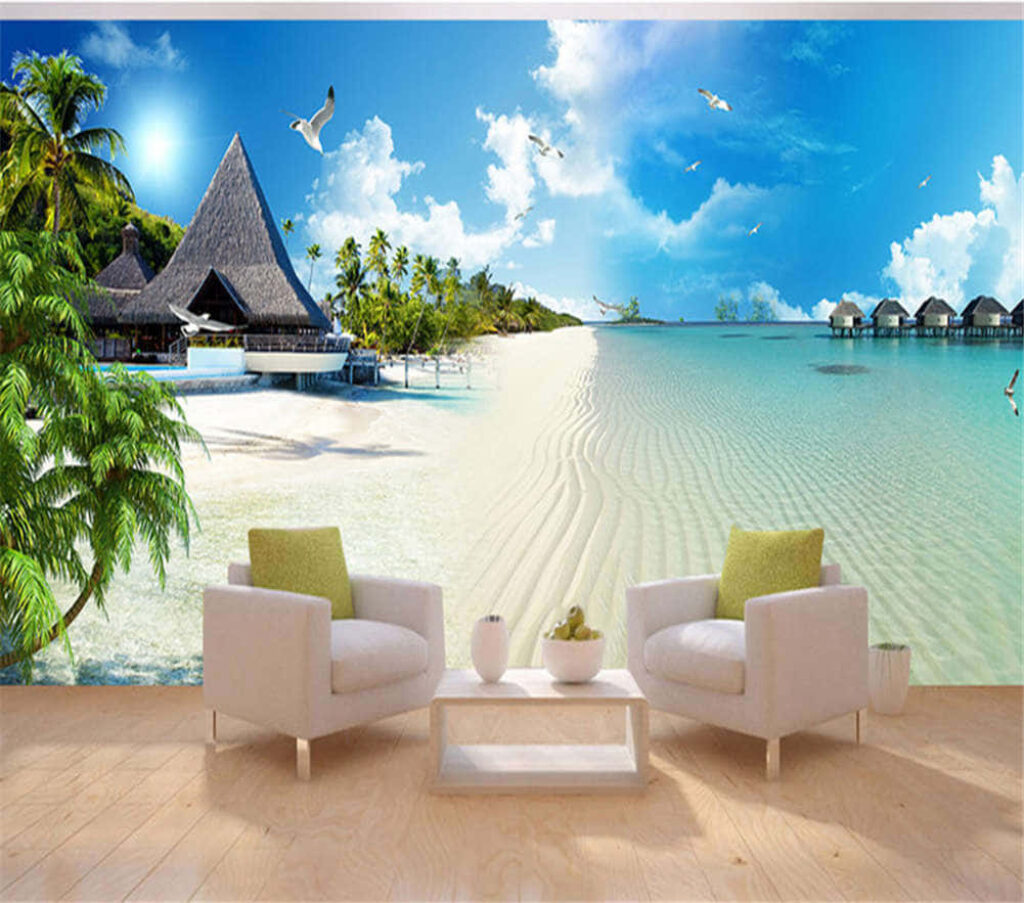 Tropical Beach Resort with Turquoise Waters & Lush Palm Trees Wallpaper
