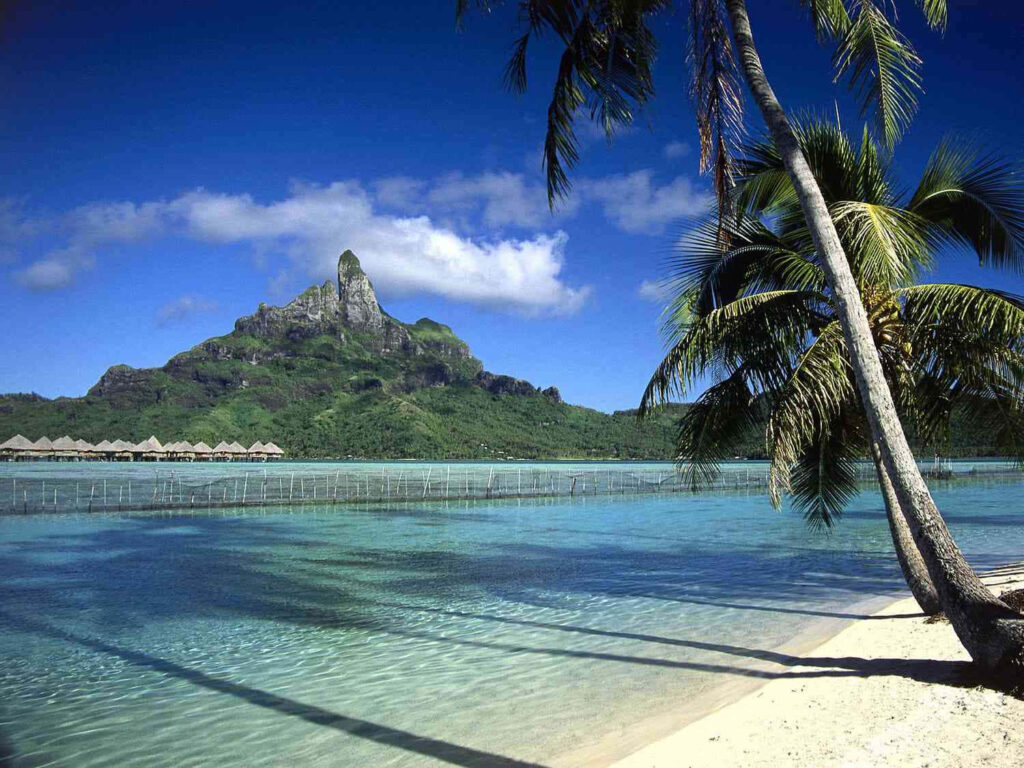 Serene Tropical Beach Scene: Crystal Waters & Lush Mountains Background Wallpaper