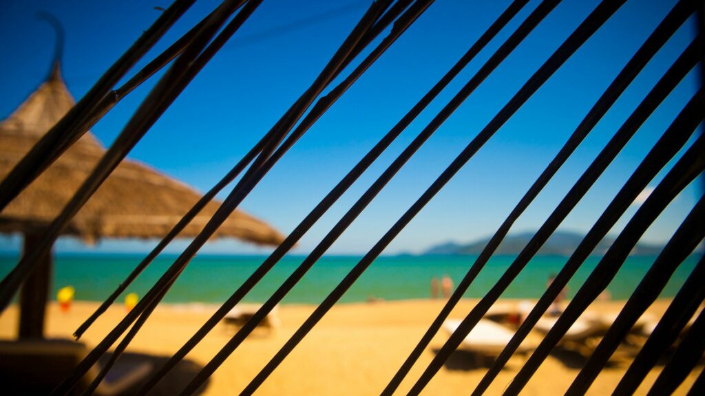 Tropical beach view through palm leaves with golden sand turquoise water and straw huts background Wallpaper