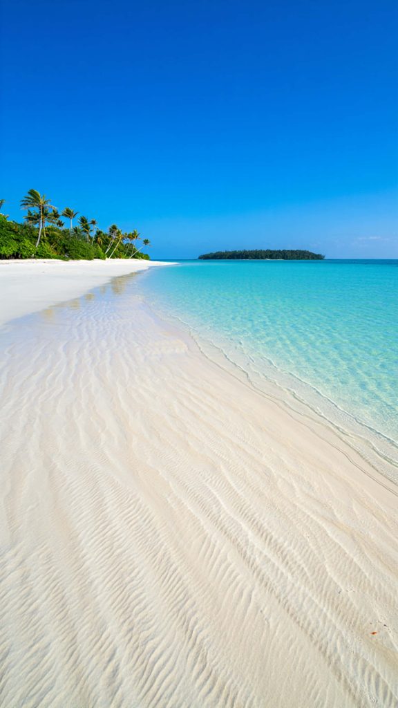 Tropical beach wallpaper white sand turquoise water palms island under clear blue sky summer getaway