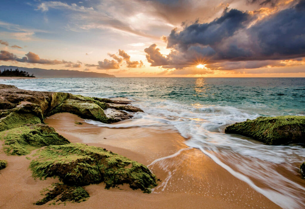 Stunning Beach Wallpaper: Waves, Mossy Rocks & Vibrant Sunset Sky