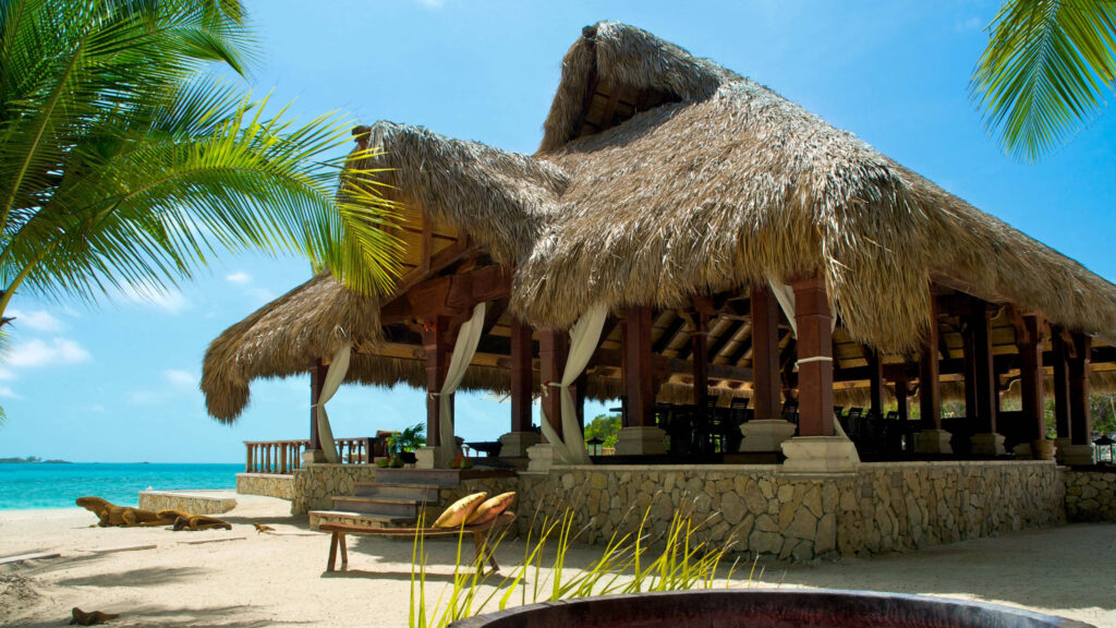 Serene Tropical Beach with Thatched Hut & Lush Palm Trees Wallpaper