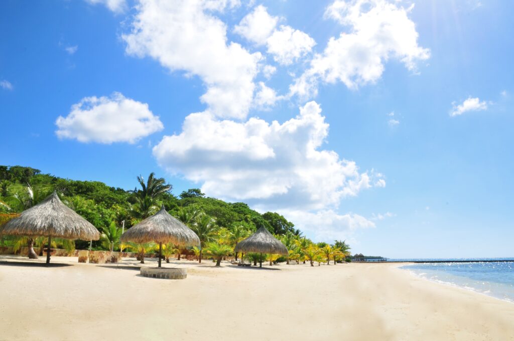 Tropical beach wallpaper with white sand palm trees thatch huts blue sky and turquoise water