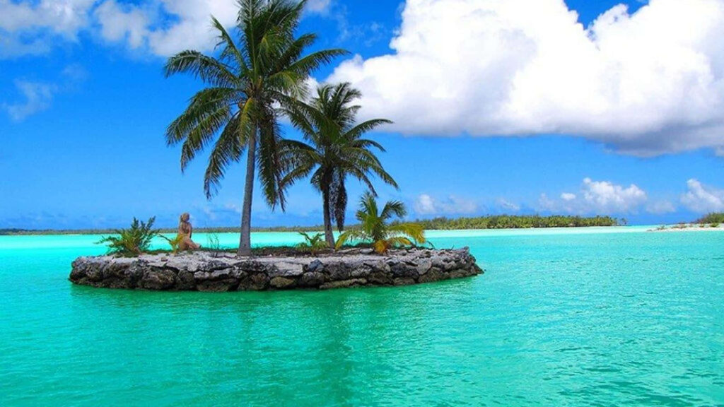 Small rocky island with tall palm trees in turquoise ocean under bright blue sky Bora Bora paradise Wallpaper