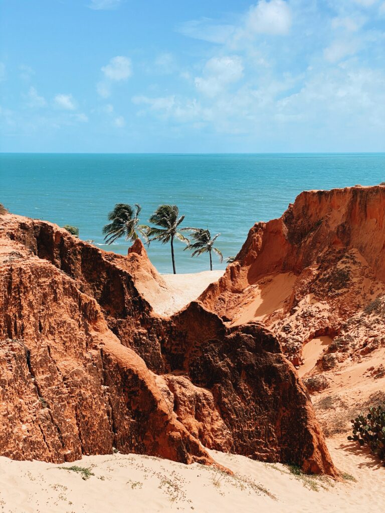 Vibrant summer wallpaper with orange rocks sandy cliffs palm trees and turquoise tropical sea