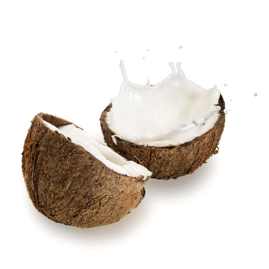 Realistic brown coconut halves with creamy white coconut milk splash on white background wallpaper