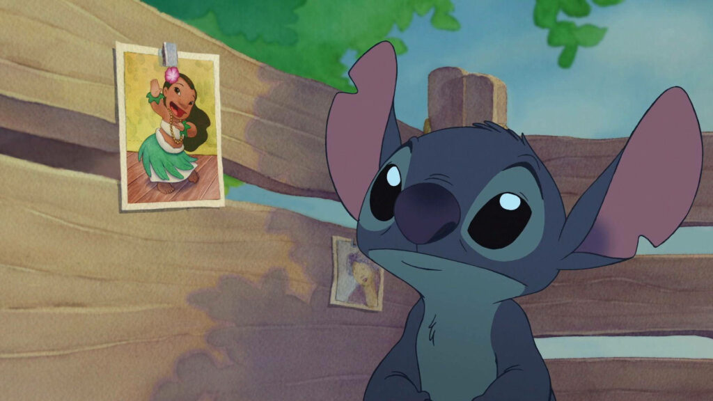 Stitch curiously watches Lilo hula in vibrant tropical Hawaiian Disney wallpaper background