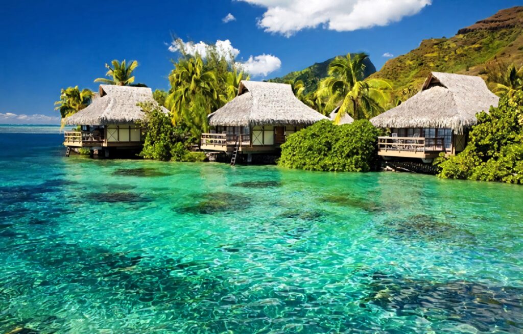 Fiji tiki huts over turquoise waters with tropical palm trees and vibrant lush scenery wallpaper